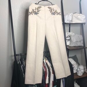 VALENTINO Boutique Embroidered Beaded Linen Wide Leg Trousers